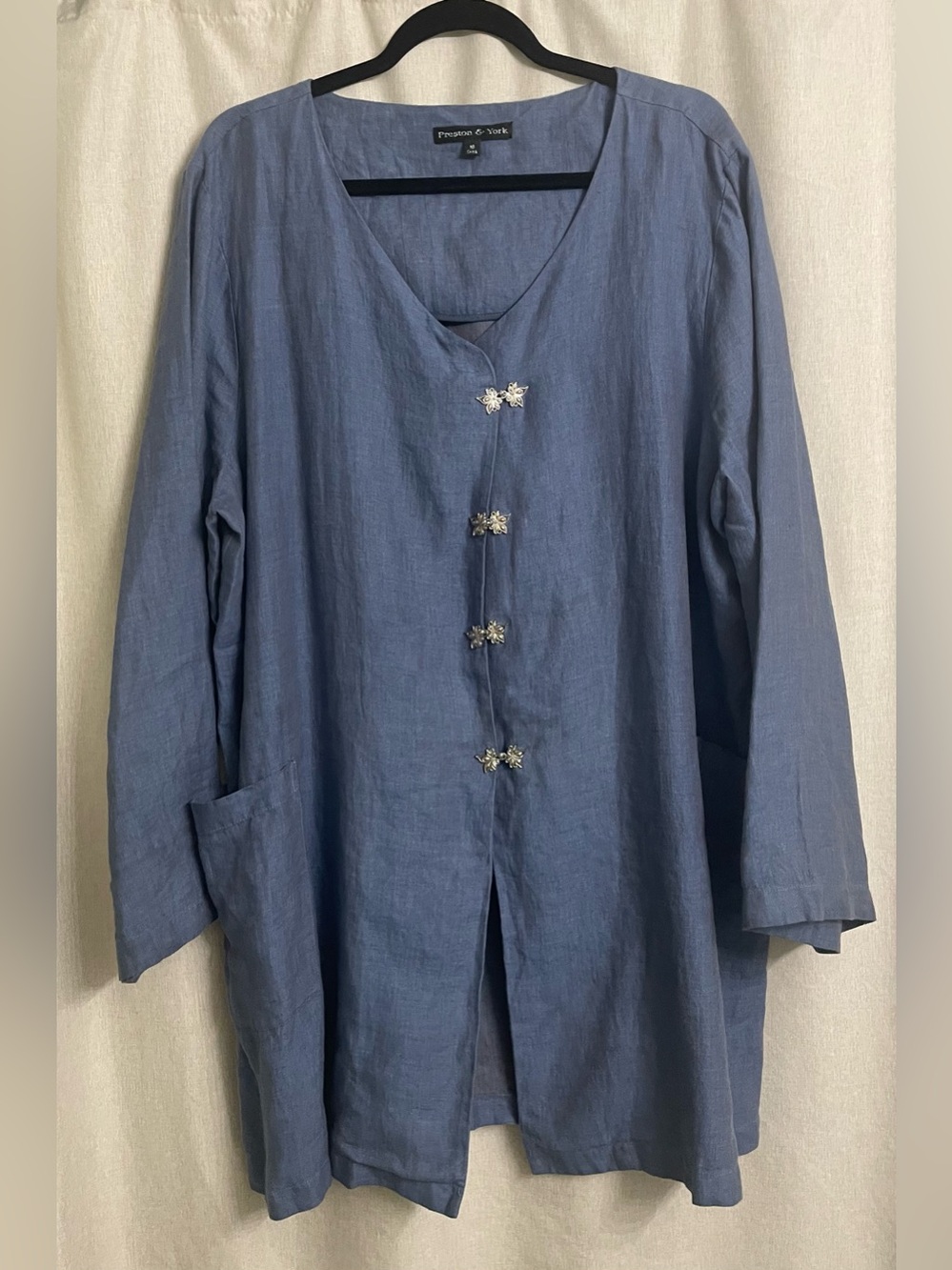 Preston & York 100% Linen Blue Tunic Jacket Floral Hook Closures 18